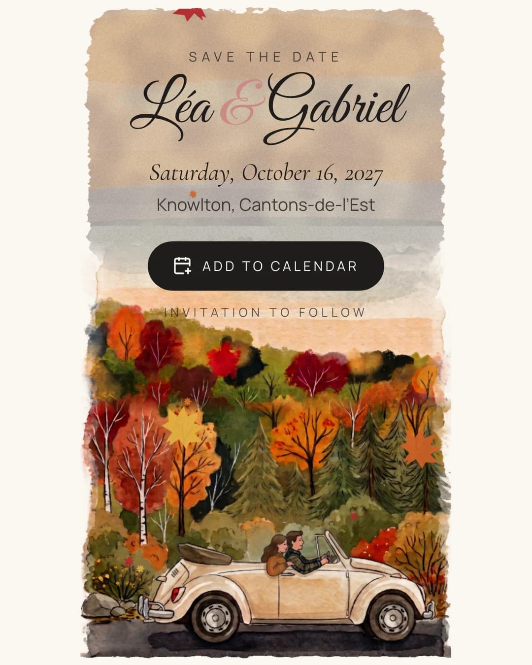 The Autumn drive save the date: a convertible on a road through red and orange maples, painted in watercolour, under the couple’s names and date.