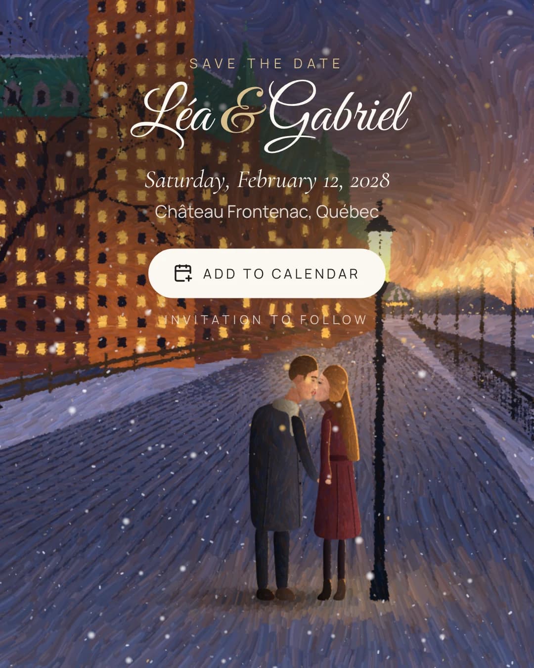 The Quebec in Winter save the date: a young couple kissing under a street lamp in the snow by the Château Frontenac, painted in oils.