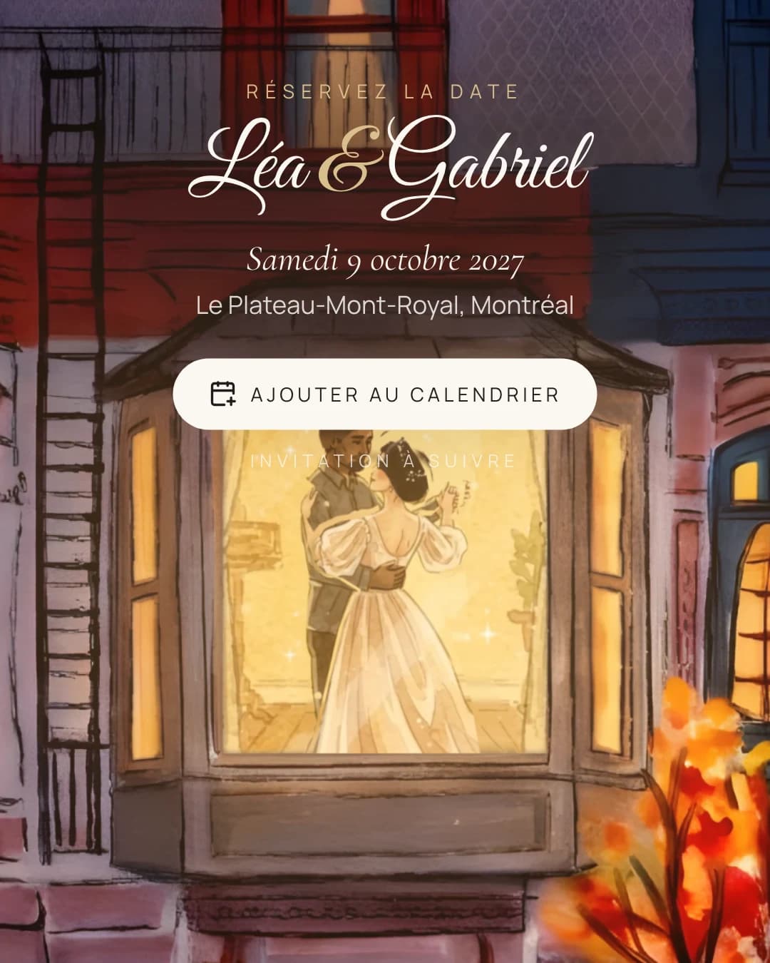 Le faire-part Montréal : un couple qui danse en tenue de mariage derrière une fenêtre éclairée du Plateau, peint à l’aquarelle.