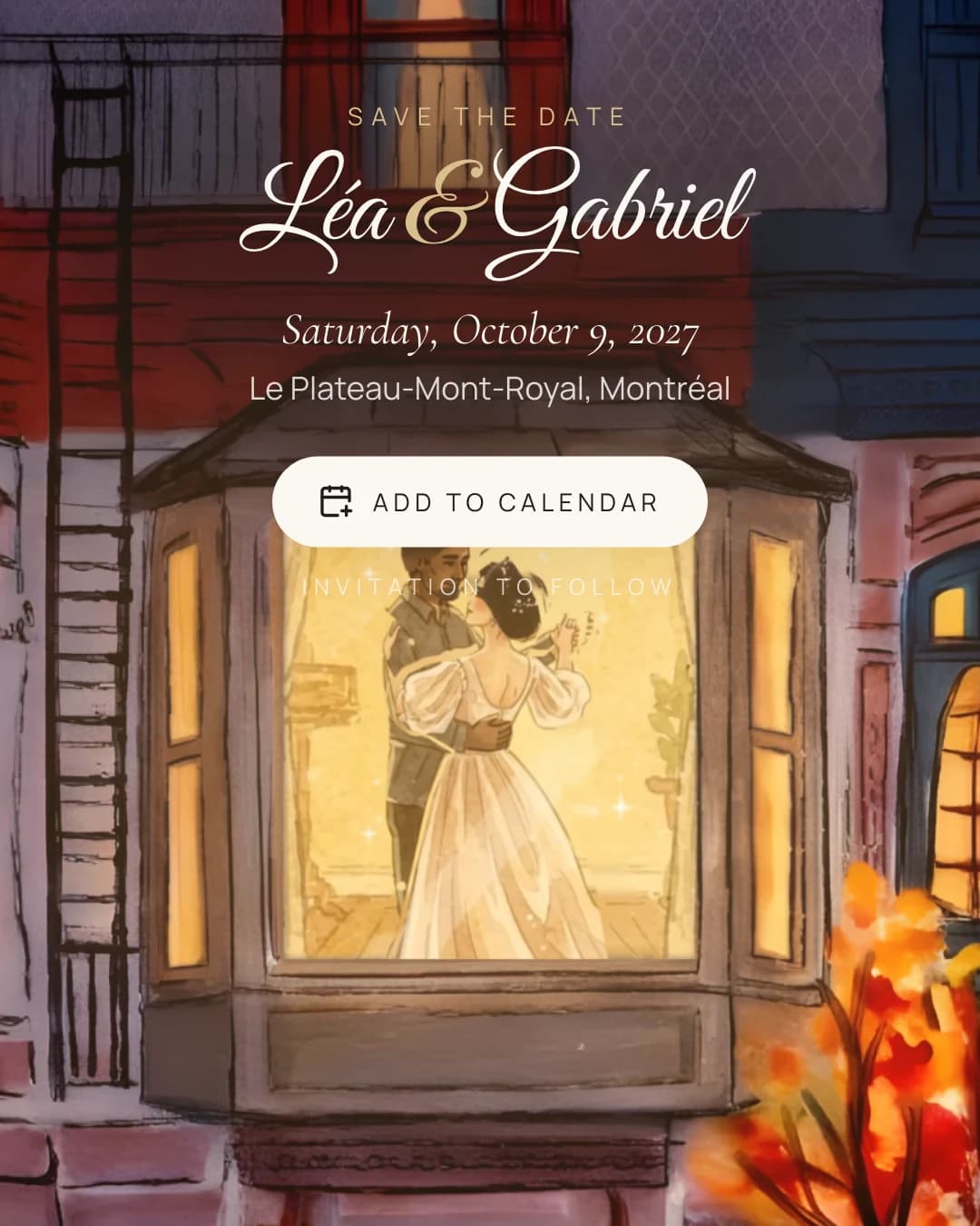 The Montreal save the date: a couple dancing in wedding clothes behind a lit window on the Plateau, painted in watercolour.
