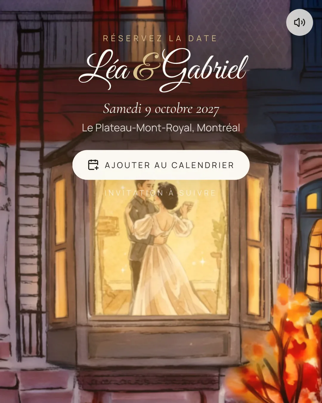 Le faire-part Montréal : des mariés qui dansent derrière une fenêtre en saillie éclairée, un soir d’automne, sous leurs noms, leur date, leur lieu et un bouton Ajouter au calendrier.