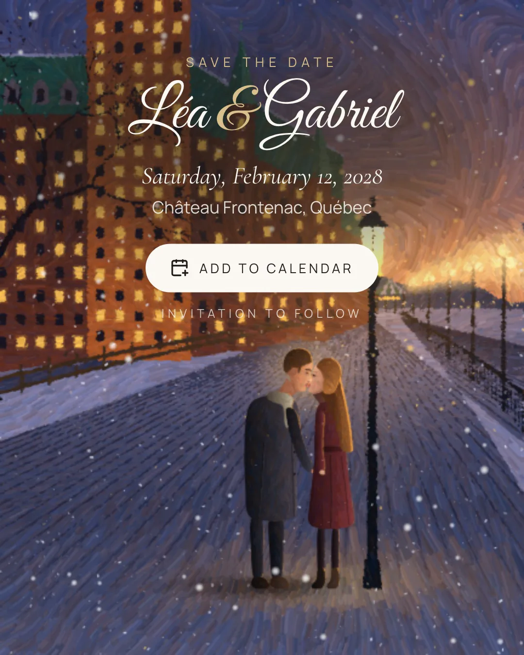 The Quebec in Winter save the date: a young couple kissing under a street lamp on the snowy Dufferin Terrace at dusk, the Château Frontenac lit behind them, under the names Léa & Gabriel and the date.