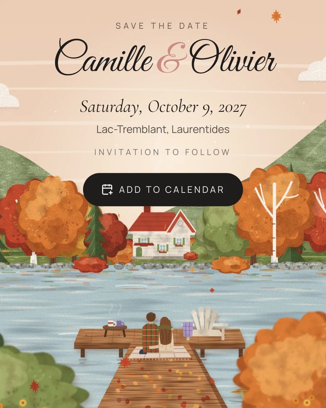 The Lakeside Cottage save the date: a couple on a dock facing a cottage across the lake in fall, under their names and date.