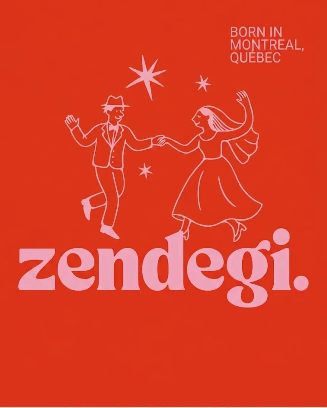 Line drawing of a bride and groom dancing under stars above the word zendegi, in pink on red, with “Born in Montreal, Québec” in the corner.
