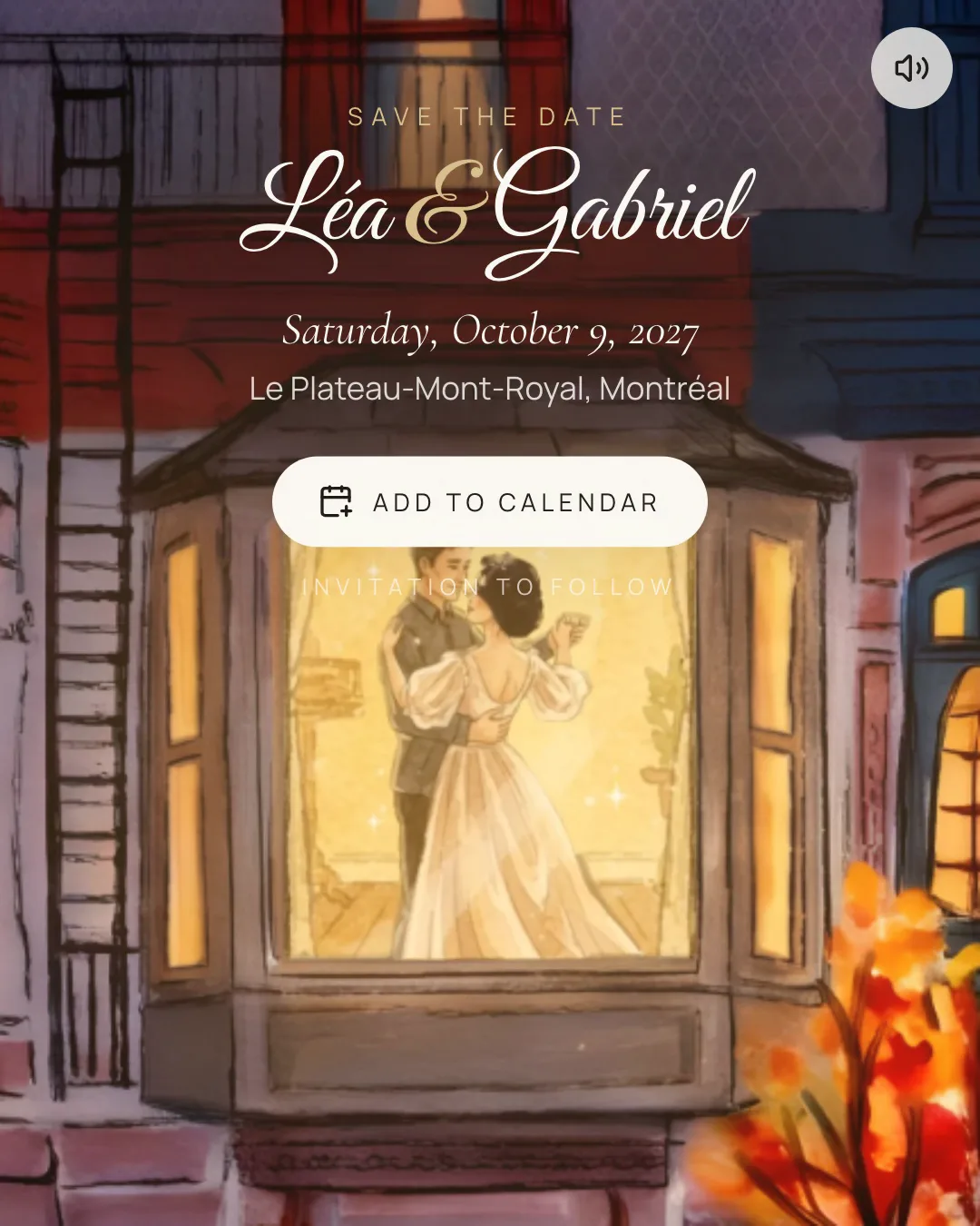 The Montreal save the date: a bride and groom dancing behind a lit bay window on an autumn evening, under their names, date and place and an Add to calendar button.
