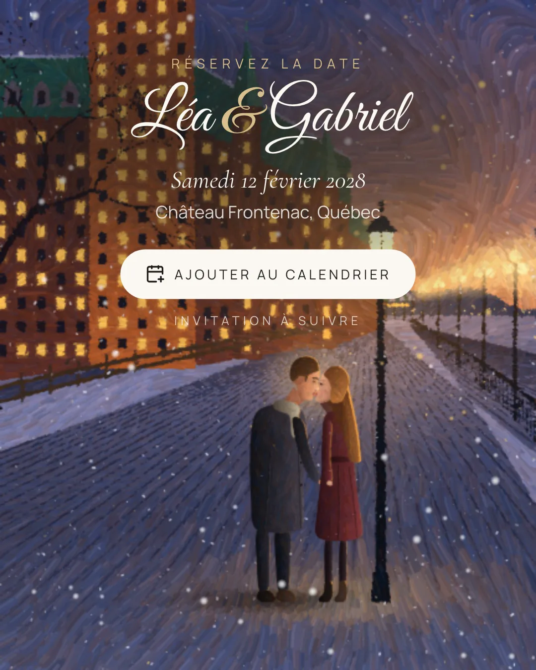 Le faire-part Québec en hiver : un jeune couple qui s’embrasse sous un réverbère sur la terrasse Dufferin enneigée, au crépuscule, le Château Frontenac éclairé derrière eux, sous les noms Léa & Gabriel et la date.
