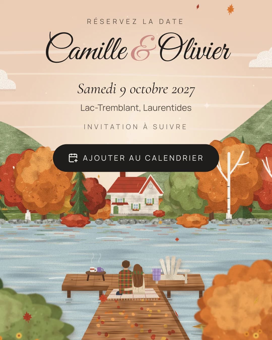 Le faire-part Chalet au bord du lac : un couple sur un quai face à un chalet de l’autre côté du lac, à l’automne, sous leurs noms et leur date.