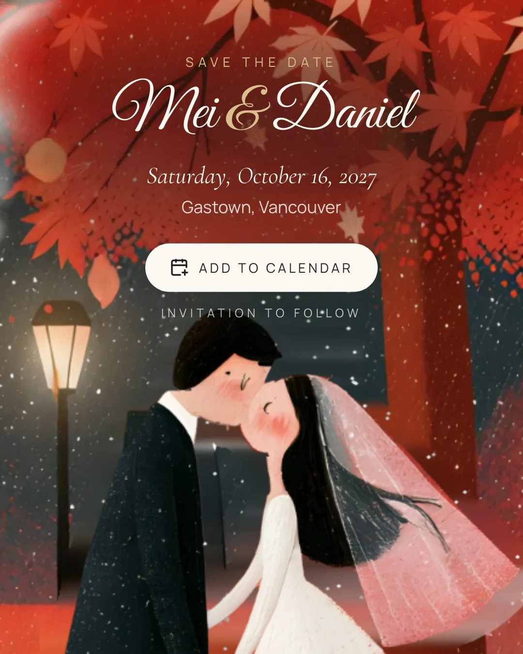 The Vancouver save the date: a bride and groom leaning into a kiss under a red maple by a street lamp in Gastown at night, under their names and date.