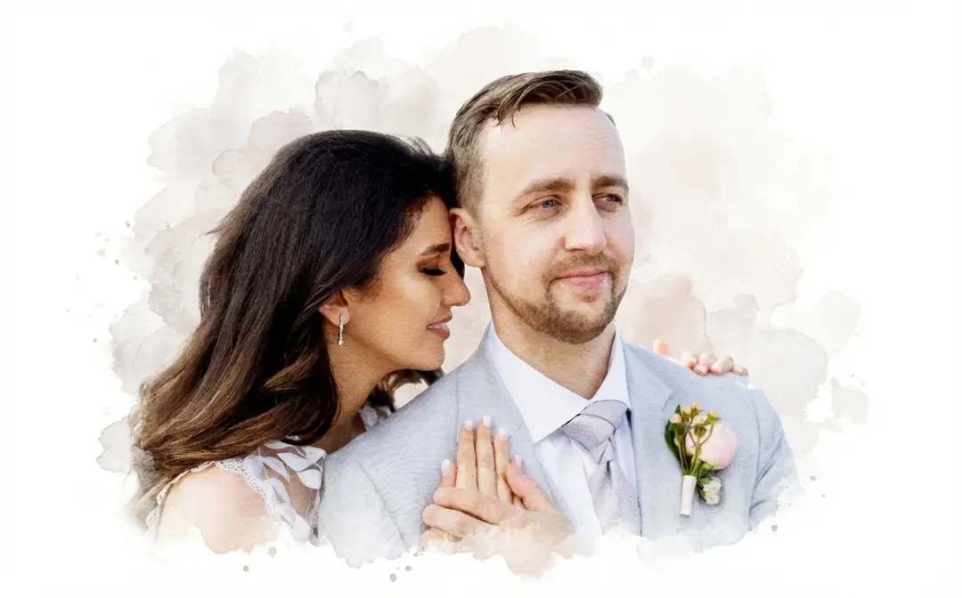 Watercolour portrait of Paria and Thibault on their wedding day: Paria rests her head on Thibault’s shoulder, her hand on his chest.